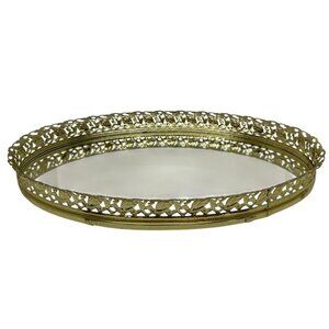 VTG Ornate Gold Mirrored Dresser Tray Oval Vanity Accent Gold Filigree